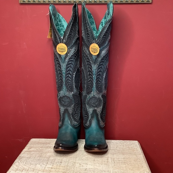 CORRAL Willow Over The Knee Black & Turquoise Western Boots ~3” Heel Inside Zip - Picture 7 of 16
